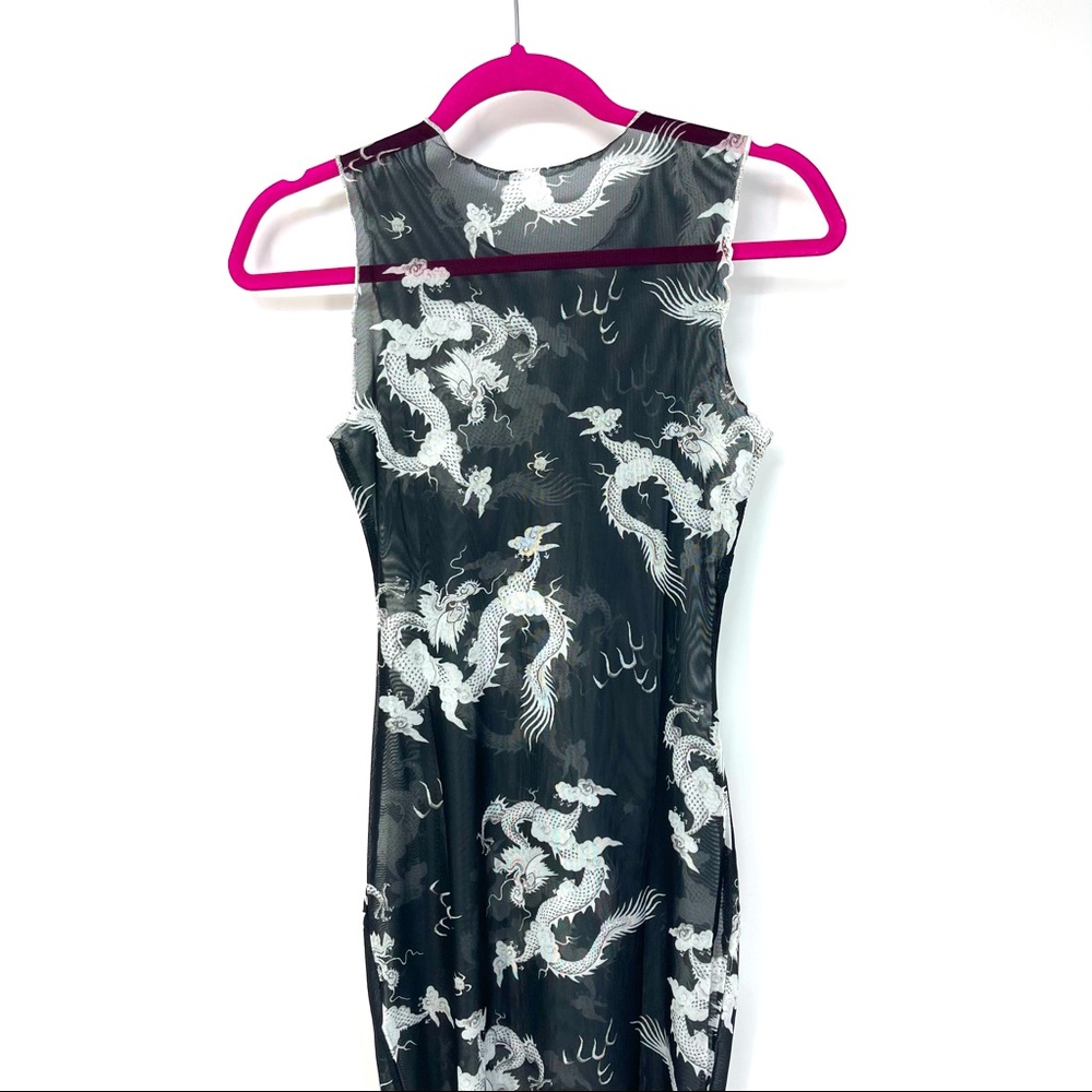XS Black Chinese Dragon Lettuce Trim Mesh Dress - Picture 5 of 7